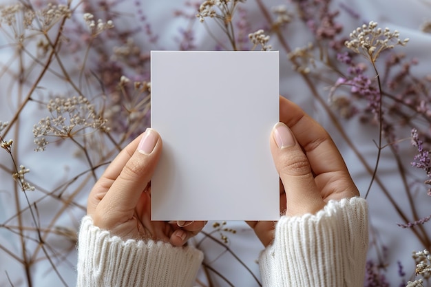 Foto handen met een lege kaart met een bloemen achtergrond die perfect is voor het toevoegen van gepersonaliseerde tekst