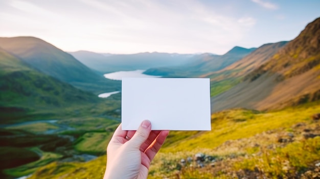 Handen met een lege witte kaart op de achtergrond van een zomer panoramisch landschap met bergen rivier en zonnige blauwe hemel Layout concept voor postkaart reis uitnodiging gegenereerd AI