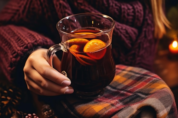 Handen met een mok hete glühwein close-up