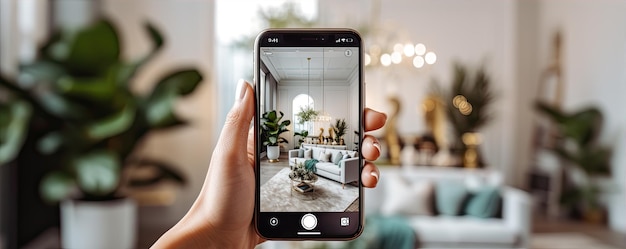 handen met een smartphone en neem een foto van de moderne woonkamer interieurontwerper werk met mobiele banner