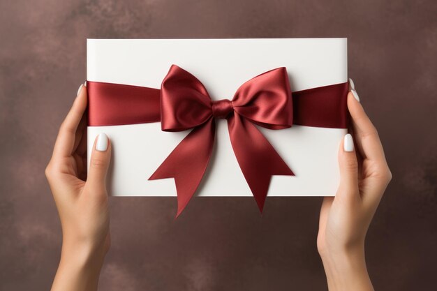 Handen met geschenkkist met lintboog Geschenk voor verjaardag Valentijnsdag Vrouwen en Moedersdag