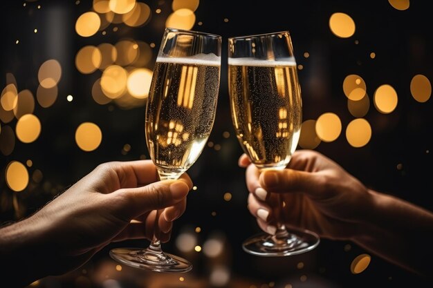 Handen met glazen champagne-wijn klinken tegen wazige gouden lichten Nieuwjaar Generatieve AI