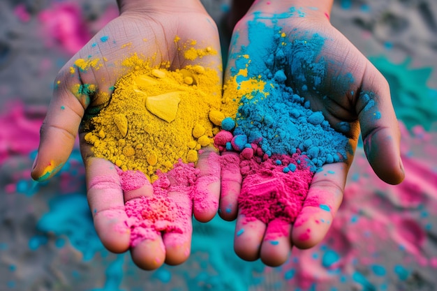 Foto handen met levendig poeder kleurrijke holi-feestviering