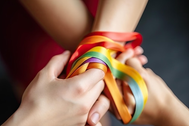 Handen met Rainbow Pride LGBTQ-banden voor Pride Day-achtergrond