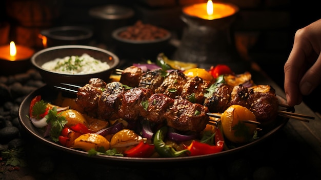 Handen met shish kebab met kleurrijke bel geserveerd met ayran en augurken