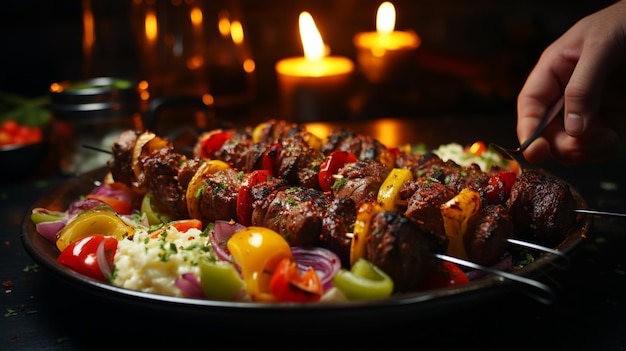 Handen met shish kebab met kleurrijke bel geserveerd met ayran en augurken