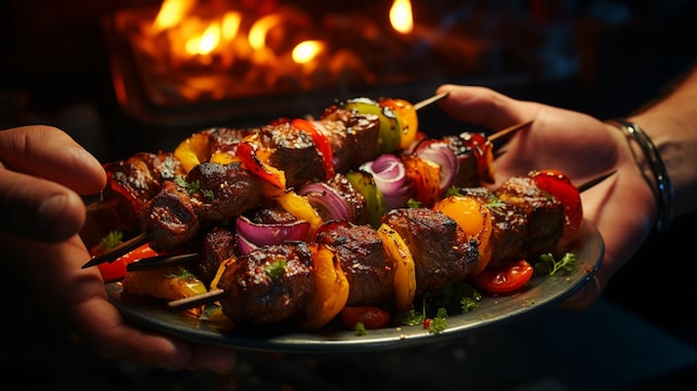 Handen met shish kebab met kleurrijke bel geserveerd met ayran en augurken