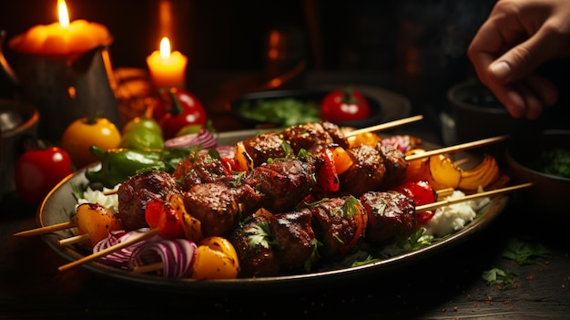 Handen met shish kebab met kleurrijke bel geserveerd met ayran en augurken