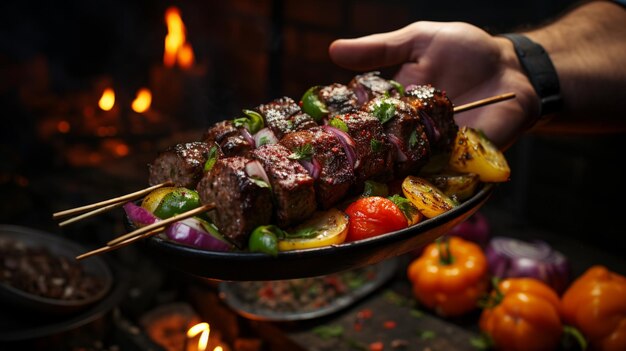 Handen met shish kebab met kleurrijke bel geserveerd met ayran en augurken