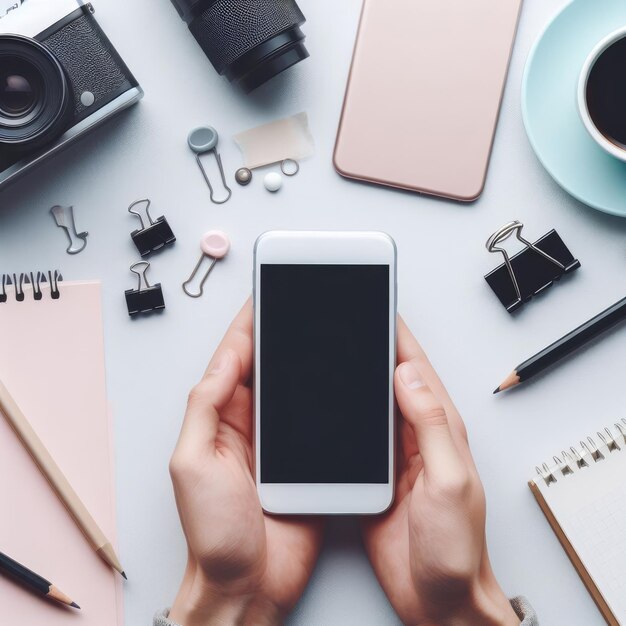 Foto handen met telefoon en tafel achtergrond