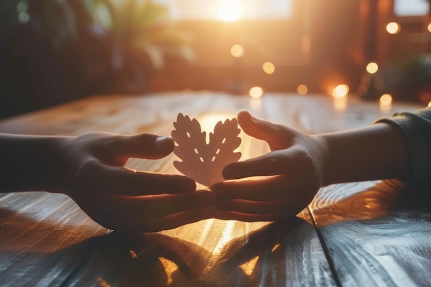 Foto handen met uitgeknipt papier silhouet op tafel gezinszorgconcept