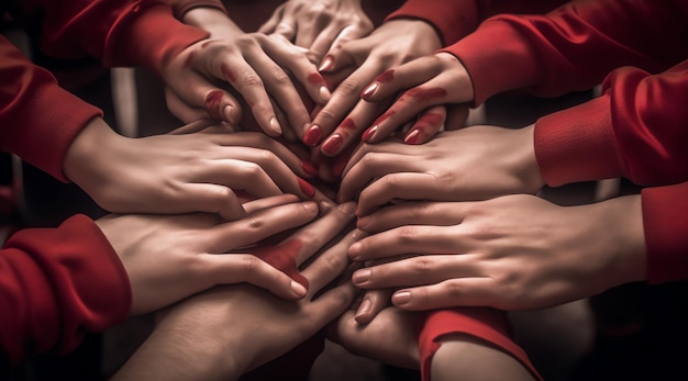 Handen op elkaar, allemaal samen, allemaal samen, waarvan er één rood is.