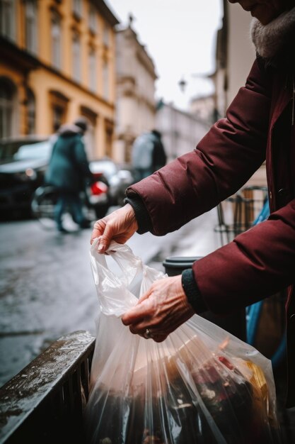 Handen plastic zak en vrouw met herbruikbare winkelen in de stad voor voedselverpakking