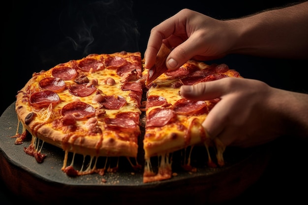 Handen reiken naar een stuk pepperoni pizza van een servierbord