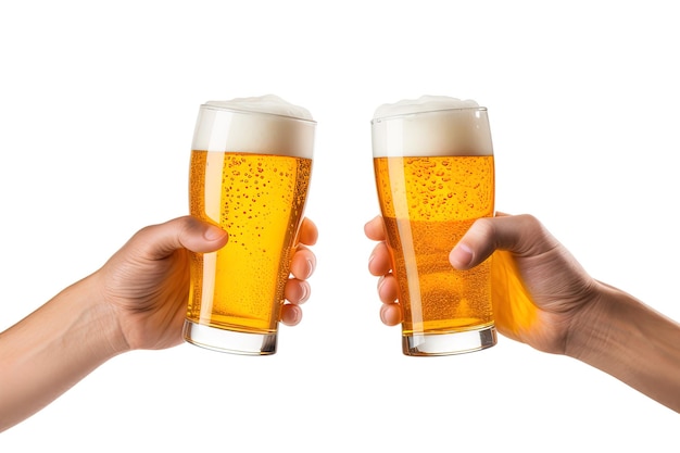 Handen roosteren met glazen bier geïsoleerd op een witte achtergrond