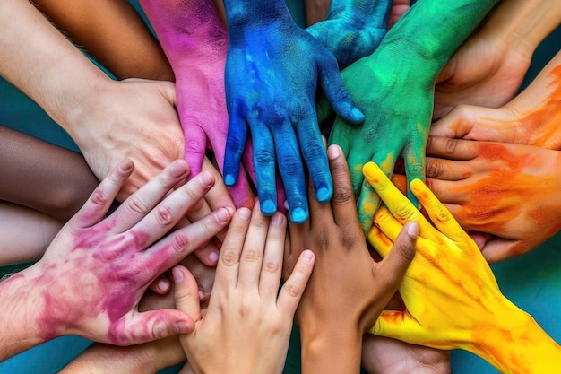 Handen samen voor diversiteit Een inspirerend beeld van mensen met verschillende achtergronden die handen bij elkaar nemen in eenheid om diversiteit en inclusiviteit te vieren