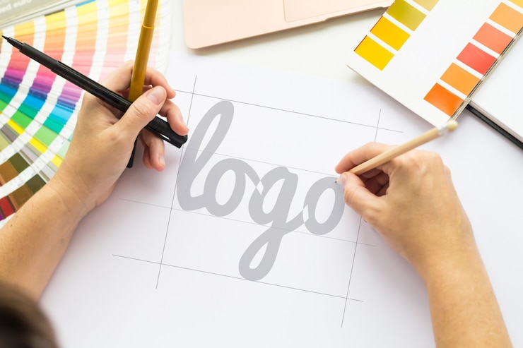 Foto handen tekenen een logotop-weergave