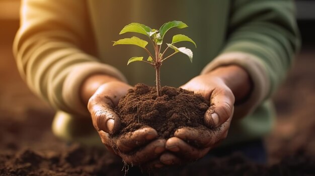 Handen van boer die boom groeit en voedt die groeit op vruchtbare grond Aarde dag concept Generatieve AI
