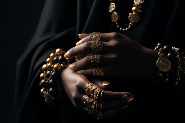 Handen van de zwarte vrouw met gouden sieraden Oosterse armbanden op een zwart geverfde hand Gouden sieraden