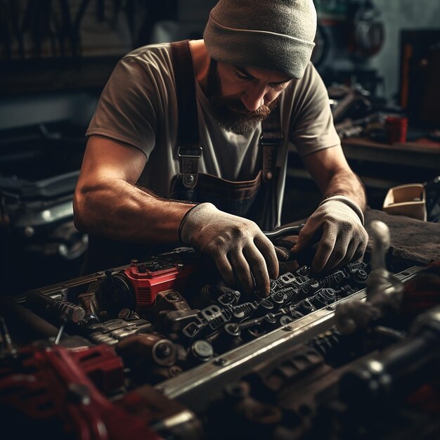 Handen van een auto-mechanicus die reparaties verrichten