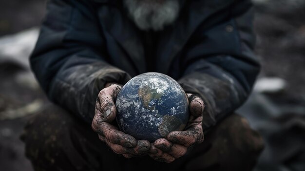 Foto handen van een dakloze man die de planeet aarde in zijn handen houdt concept van de opwarming van de aarde aarde uur