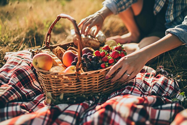 Handen van een echtpaar met een picknickmand vol eten