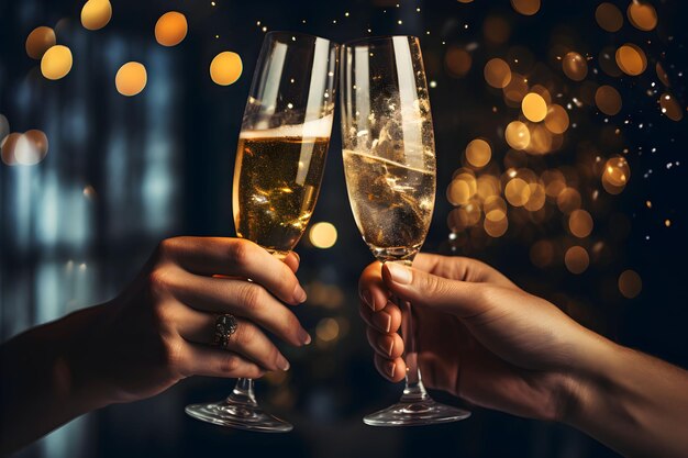 Handen van een jong koppel met champagneglazen op feestelijke gouden gloeiende bokeh achtergrond Vieringsachtergrond met mousserende wijn