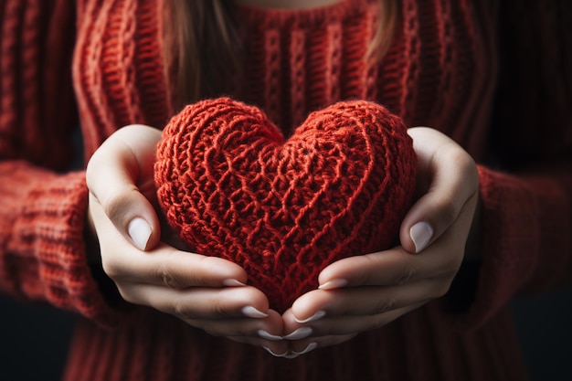 Handen van een jonge vrouw in gebreide trui met een rood hart