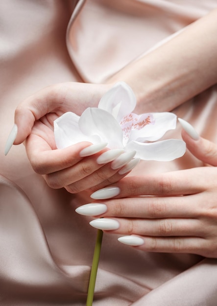 Handen van een jonge vrouw met witte manicure op nagels