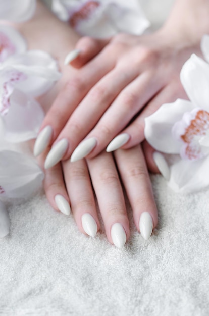 Handen van een jonge vrouw met witte manicure op nagels