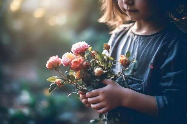 Handen van een klein meisje met een boeket bloemen Gemaakt met behulp van generatieve Al-tools