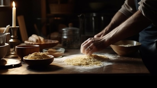 Handen van een man die deeg kneedt op een houten tafel generatieve ai