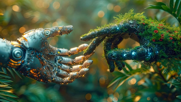 Handen van een man met een robotarm in het bos toekomstige eco-concept