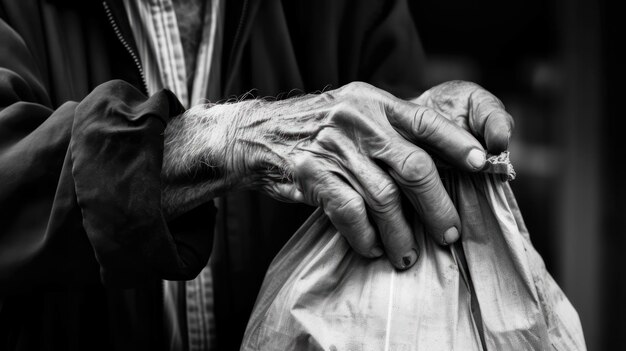 Handen van een oude vrouw met een zak in de hand generatieve ai