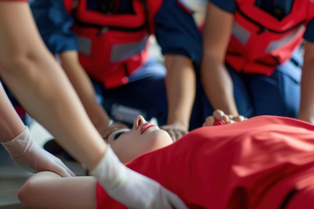 handen van een paramedicus die borstcompressie doet tijdens de training binnen mensen leren