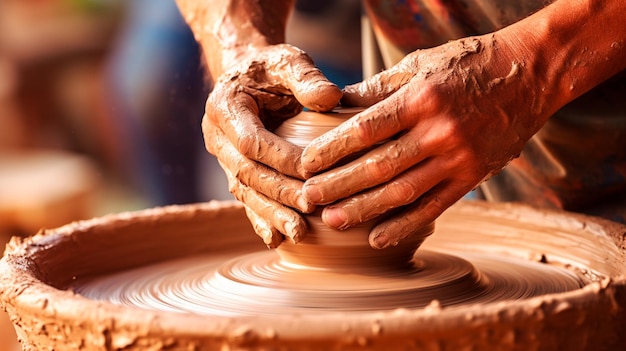 handen van een pottenbakker die een abstracte pot maken op de wielcirkel Generatieve AI