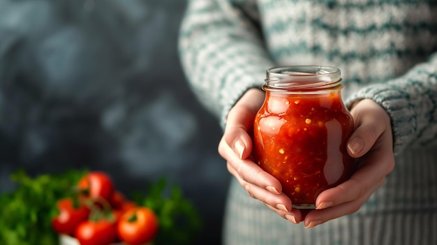 Handen van een volwassen vrouw die een pot met zelfgemaakte tomatensaus vasthoudt