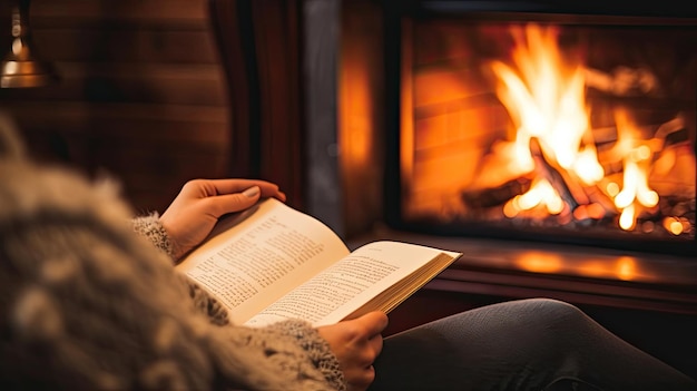 Handen van een vrouw die een boek leest bij de open haard