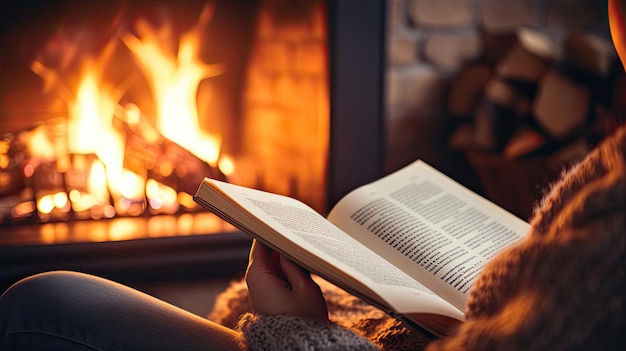 Handen van een vrouw die een boek leest bij de open haard