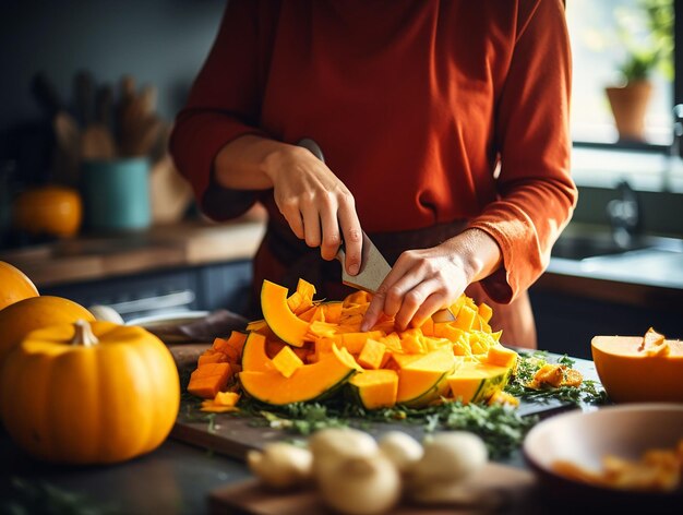 handen van een vrouw die pompoen in blokjes snijdt om te koken, gegenereerd oa