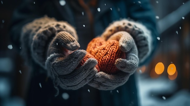 Handen van een vrouw met gebreide kerstballen in wintergeneratieve ai