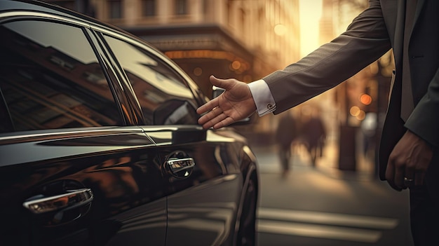 Foto handen van een zakenman en een chauffeur bij een auto deur de hand van een mannelijke persoon op een voertuig handvat benadrukken professionele vervoersdienst