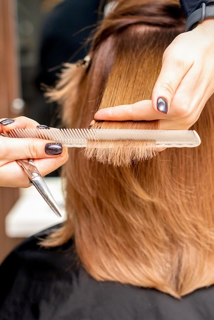 Handen van kapper houden haarstreng tussen zijn vingers en maken kapsel van lang haar van de jonge vrouw met kam en schaar in kapsalon close-up