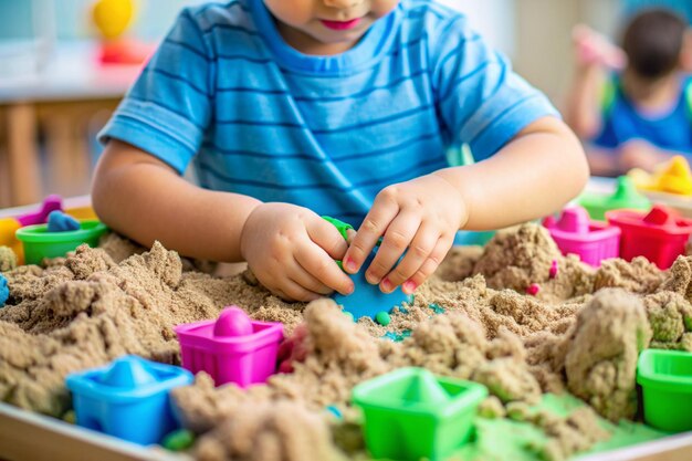 Foto handen van kinderen die in kinetisch zand spelen