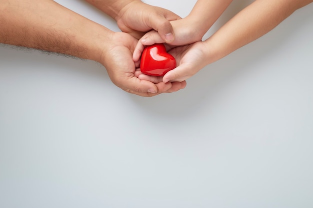 Handen van man en kind met een rood hart op witte muur