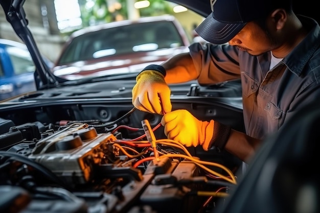 Handen van mannelijke automonteur die werkt aan de onderhoudsworkshop voor automotoren Generatieve AI