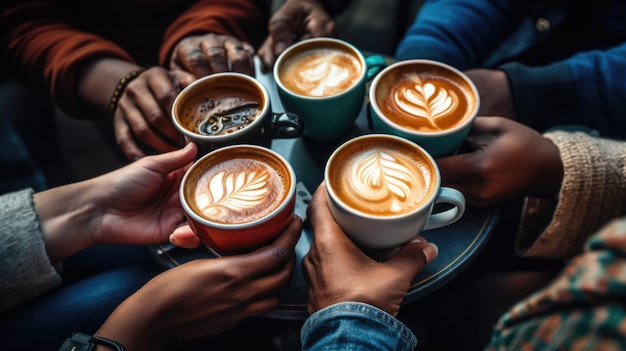 Handen van mensen die mokken koffie vasthouden Gemaakt met generatieve AI-technologie