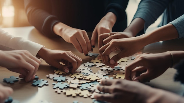 Handen van mensen die samenwerken aan een puzzel