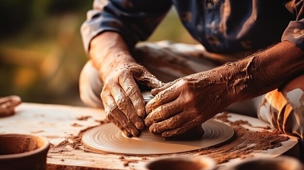 Handen van pottenbakker die kleipot maken neurale netwerk ai gegenereerd