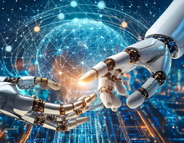 Handen van robot raken een big data netwerkverbinding in de wetenschap kunstmatige intelligentie technologie in